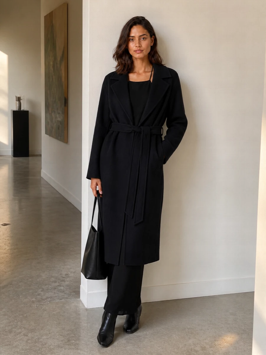 The row black coat halter dress minimalist outfit