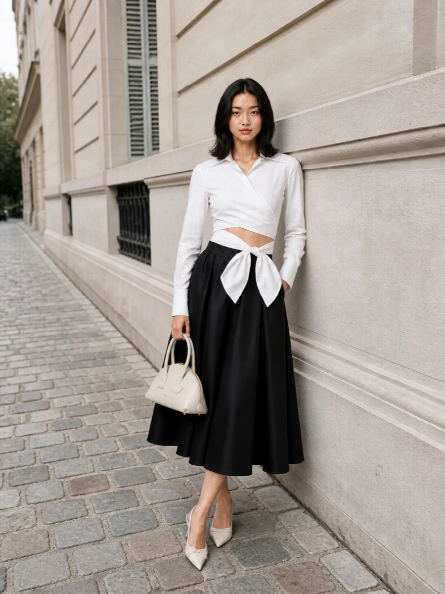 Patou wrap blouse black midi skirt prada heels