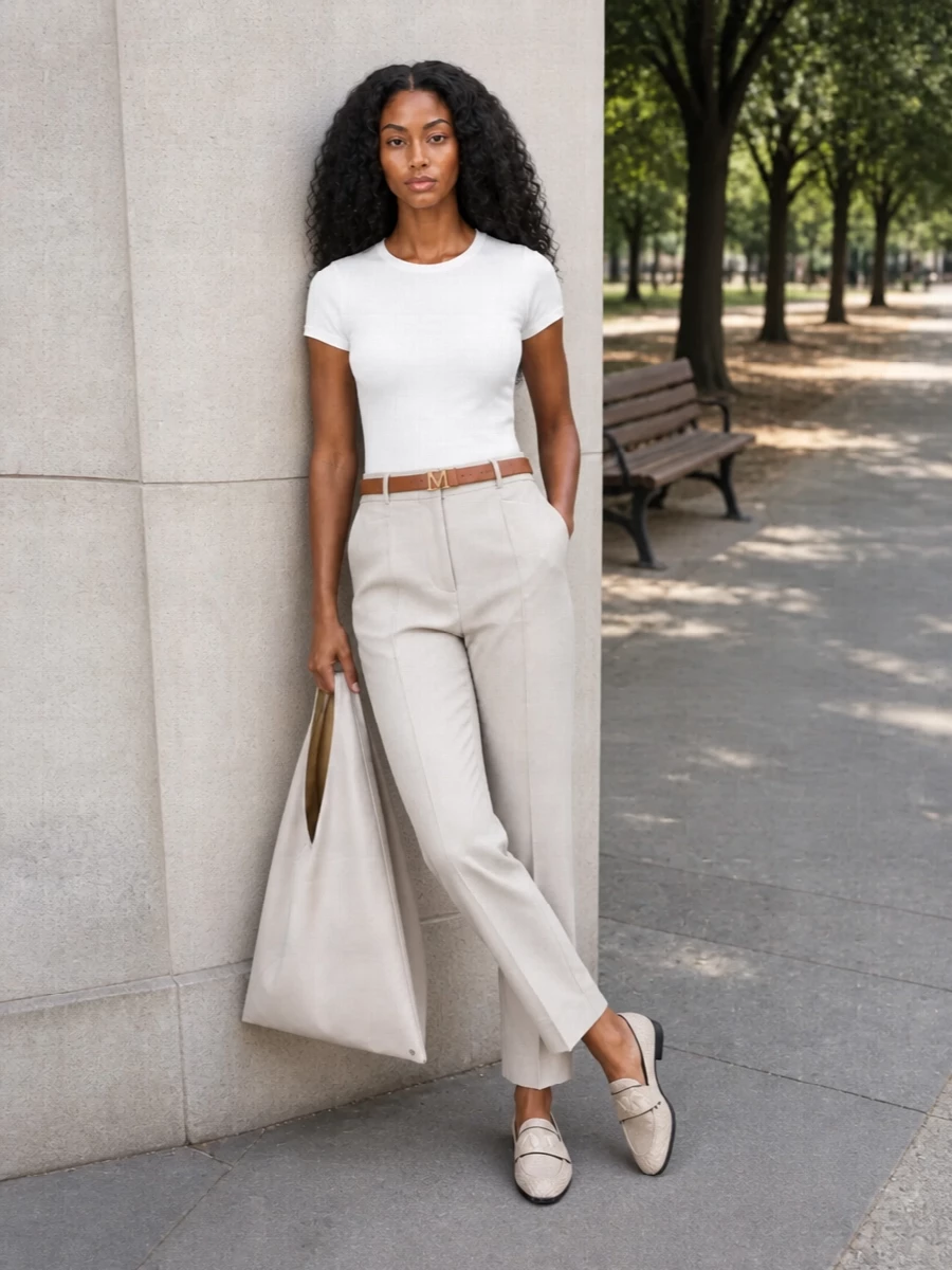 Max mara beige trousers white tshirt outfit