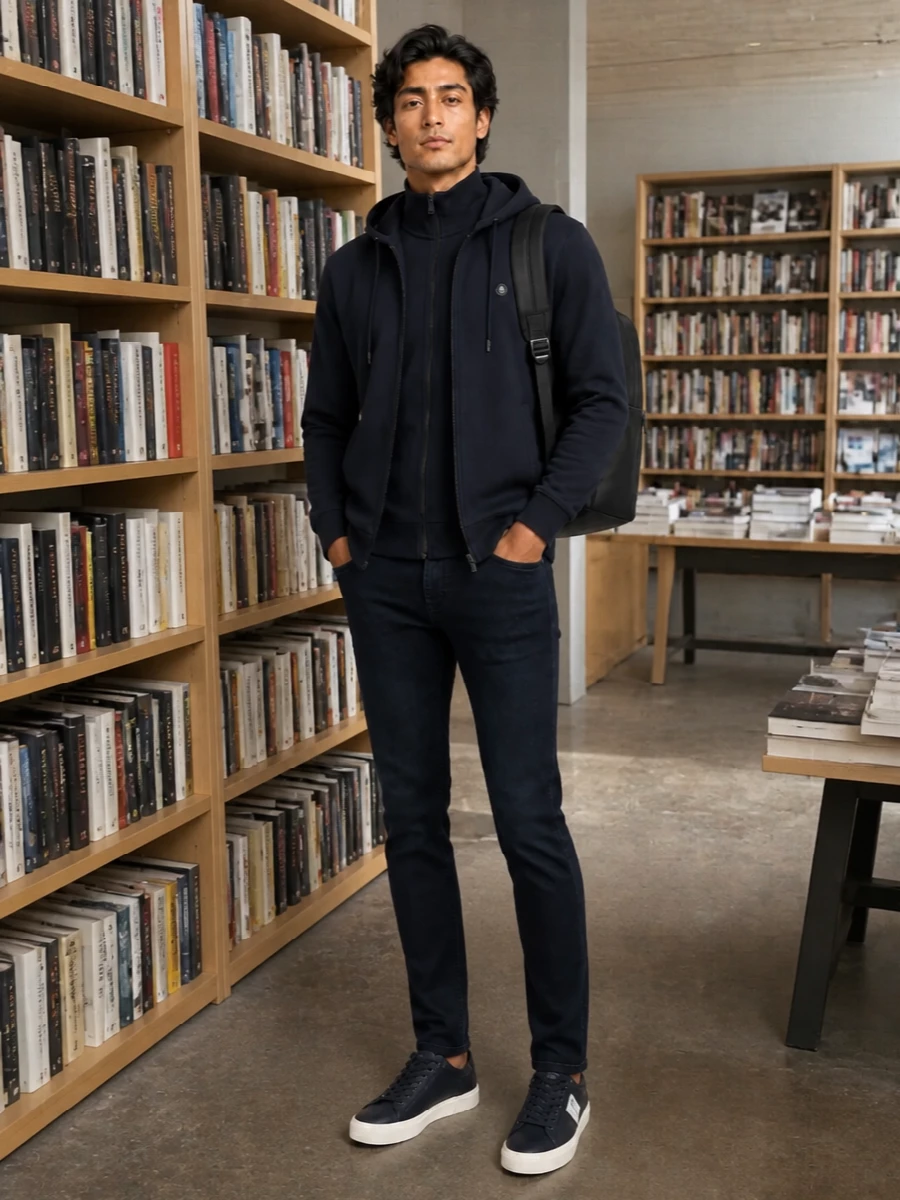 Boss navy hoodie dark jeans sneakers outfit