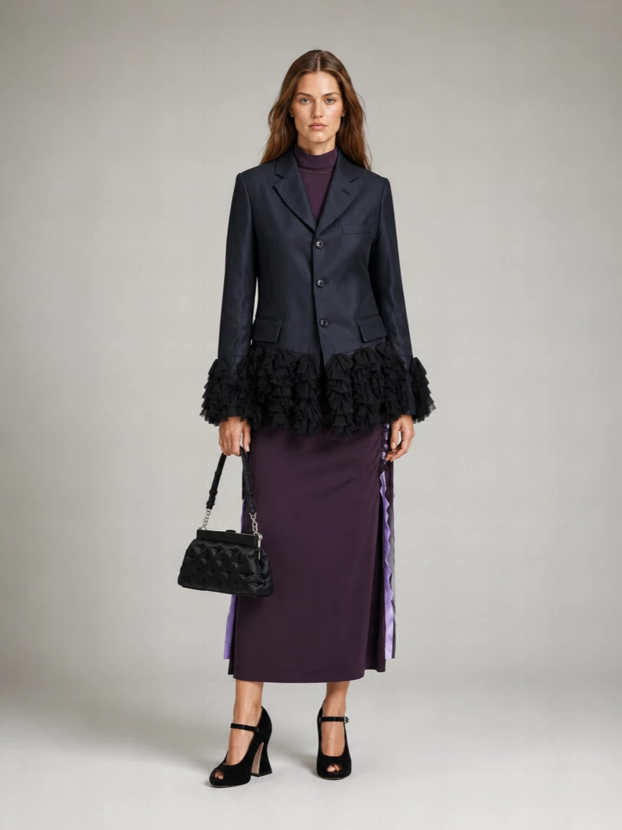 I’m treating the Comme des Garçons blazer as the evening statement layer and anchoring it with a Margiela plum midi dress so the ruffled hem reads intentional, not chaotic. The velvet Mary Janes and quilted frame bag stay in the same conceptual, romantic register, giving a coherent art-opening-to-late-dinner ensemble that is tailored, dramatic and entirely grown-up.
