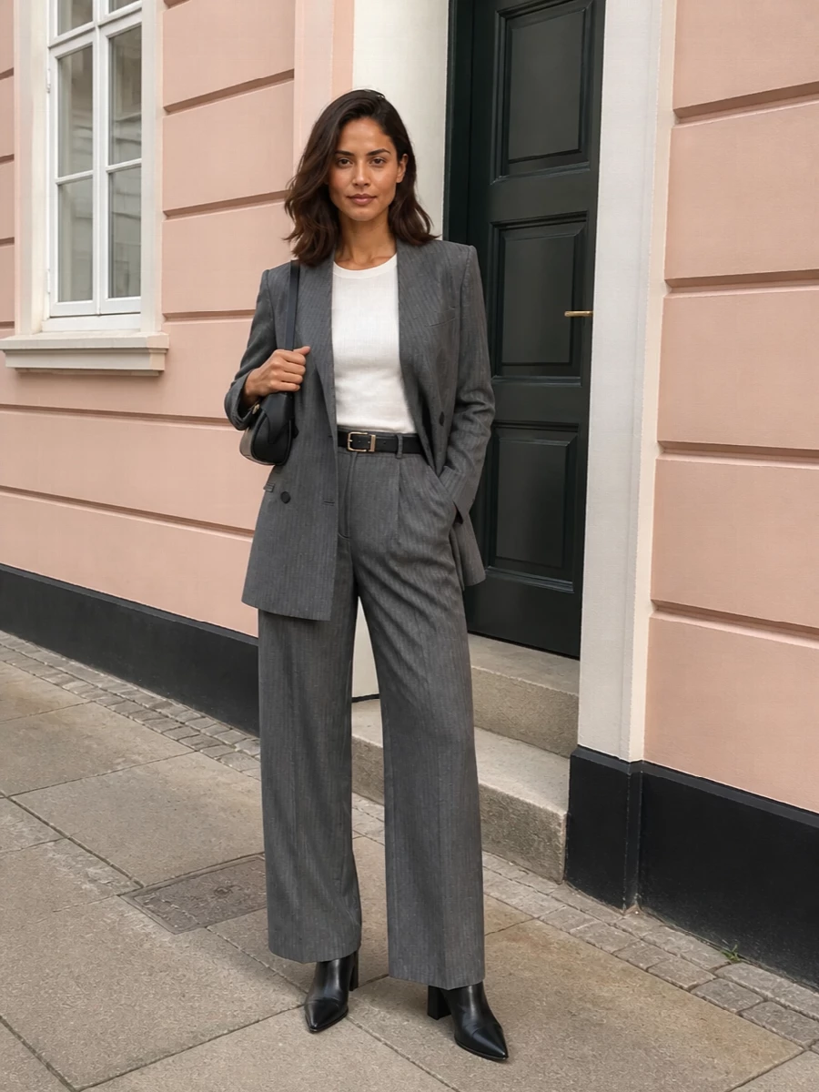 Alberta ferretti pinstripe suit ferragamo boots