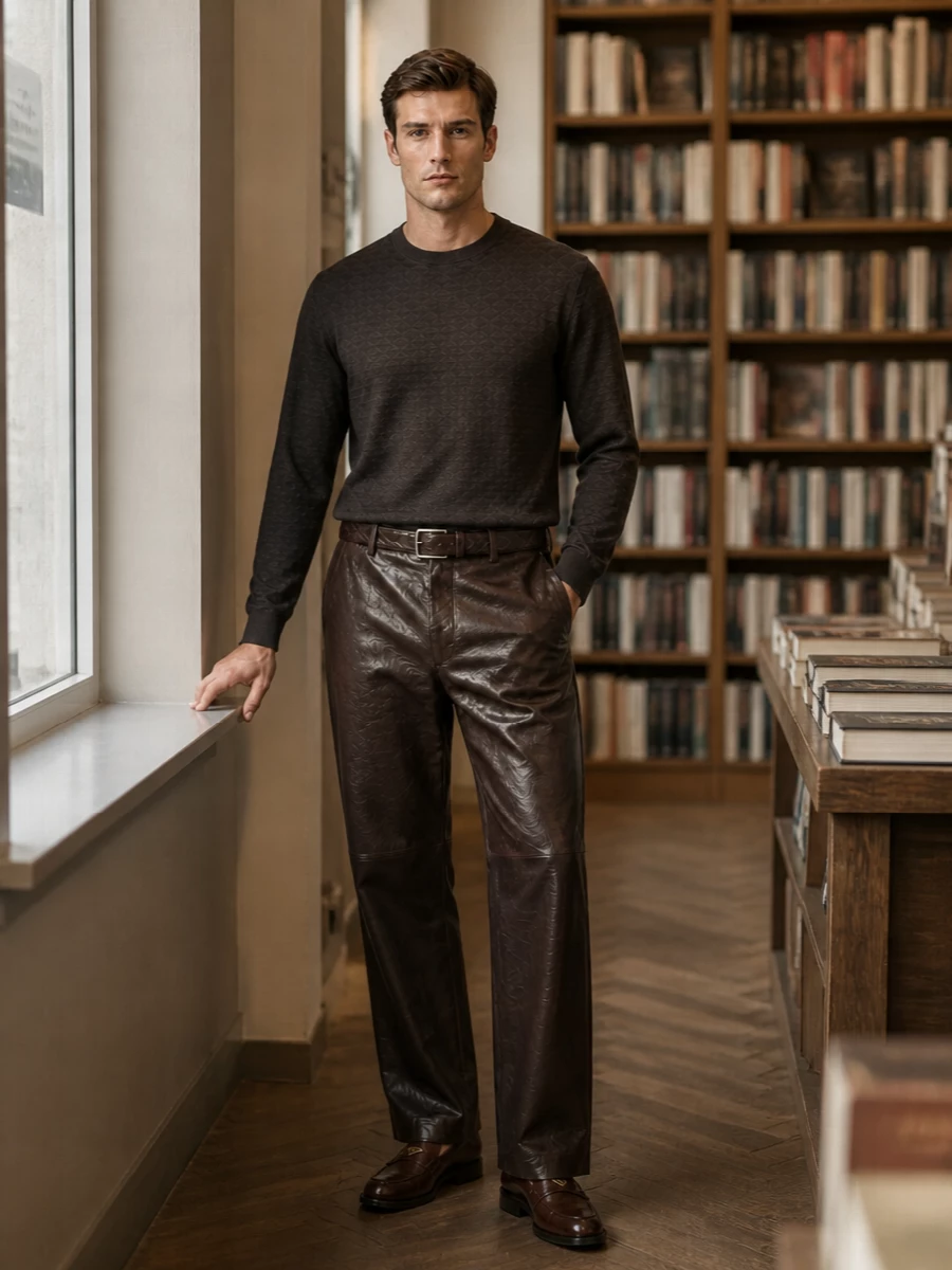 Armani leather trousers prada brown loafers outfit
