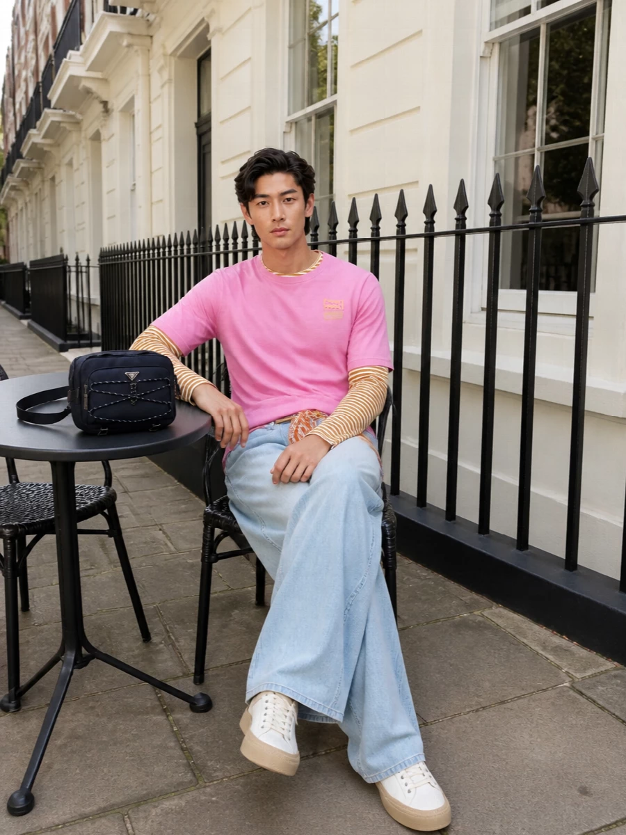 Bubblegum pink and mustard stripes sit against wide two-tone denim for a Marni take on preppy streetwear that feels graphic but relaxed. The high-rise wide leg and sculptural off-white sneakers create a clean, elongated line, while the technical navy crossbody brings a crisp city edge. It is an art-school summer uniform that still reads polished enough for galleries and late patio dinners.