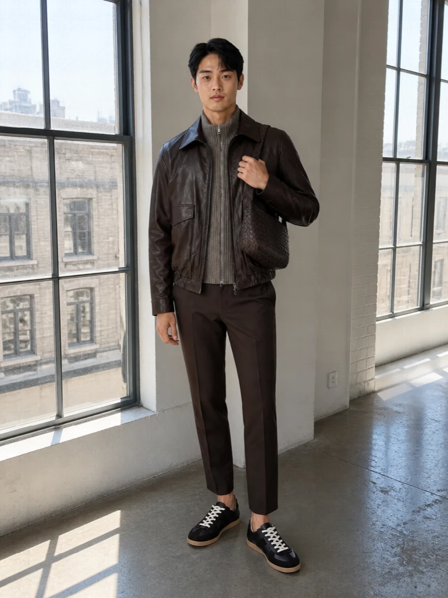 Mm6 brown leather jacket tailored trousers outfit
