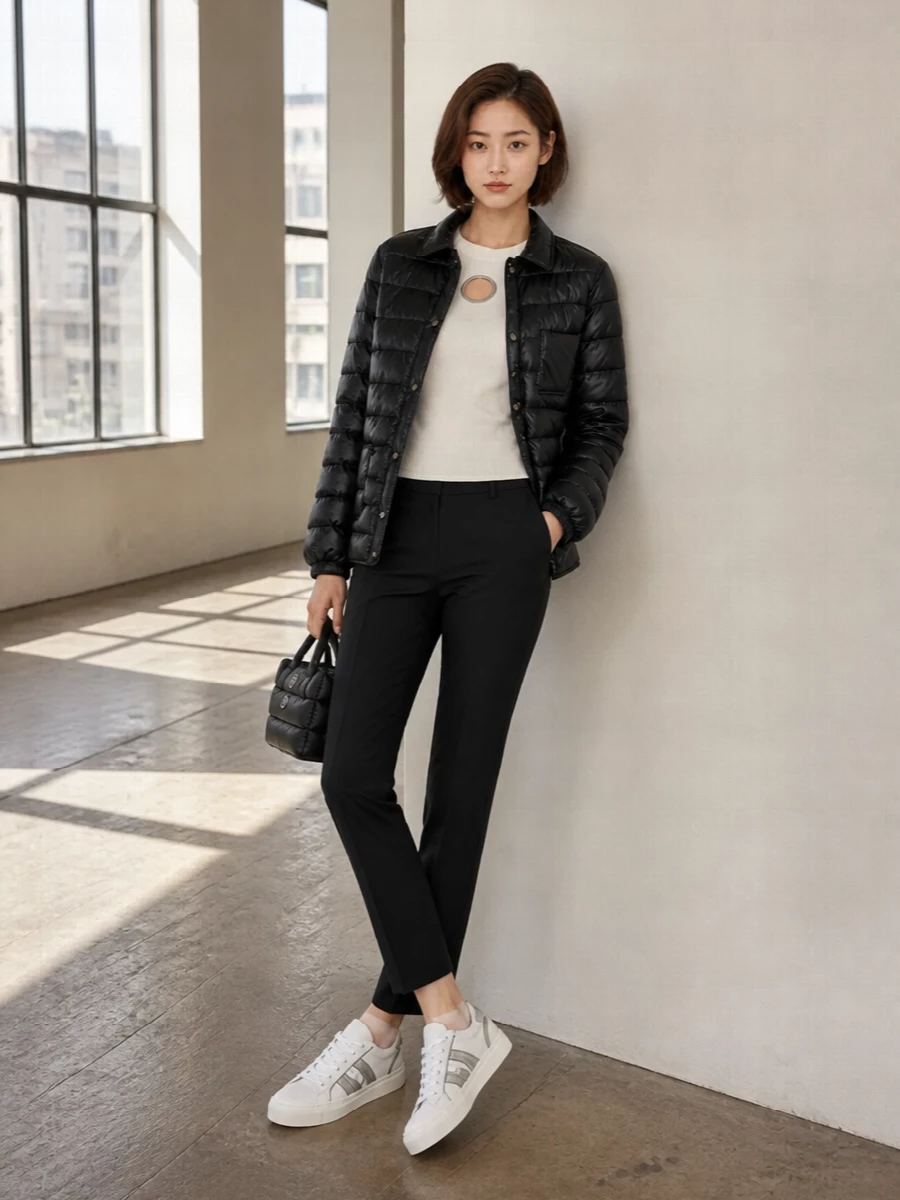 I’m building around the jacket as the anchor, so I’m staying with a knit-and-trouser path rather than a dress, which would fight the shirt-jacket proportions. The ivory cut-out knit warms up the monochrome, the slim black trouser keeps everything sharp and leggy, and the white leather sneakers plus padded mini tote lock in that urban Moncler uniform: technical, quiet and ready for real life.