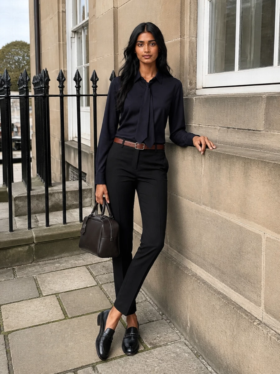 Brunello cucinelli navy shirt black trouser outfit