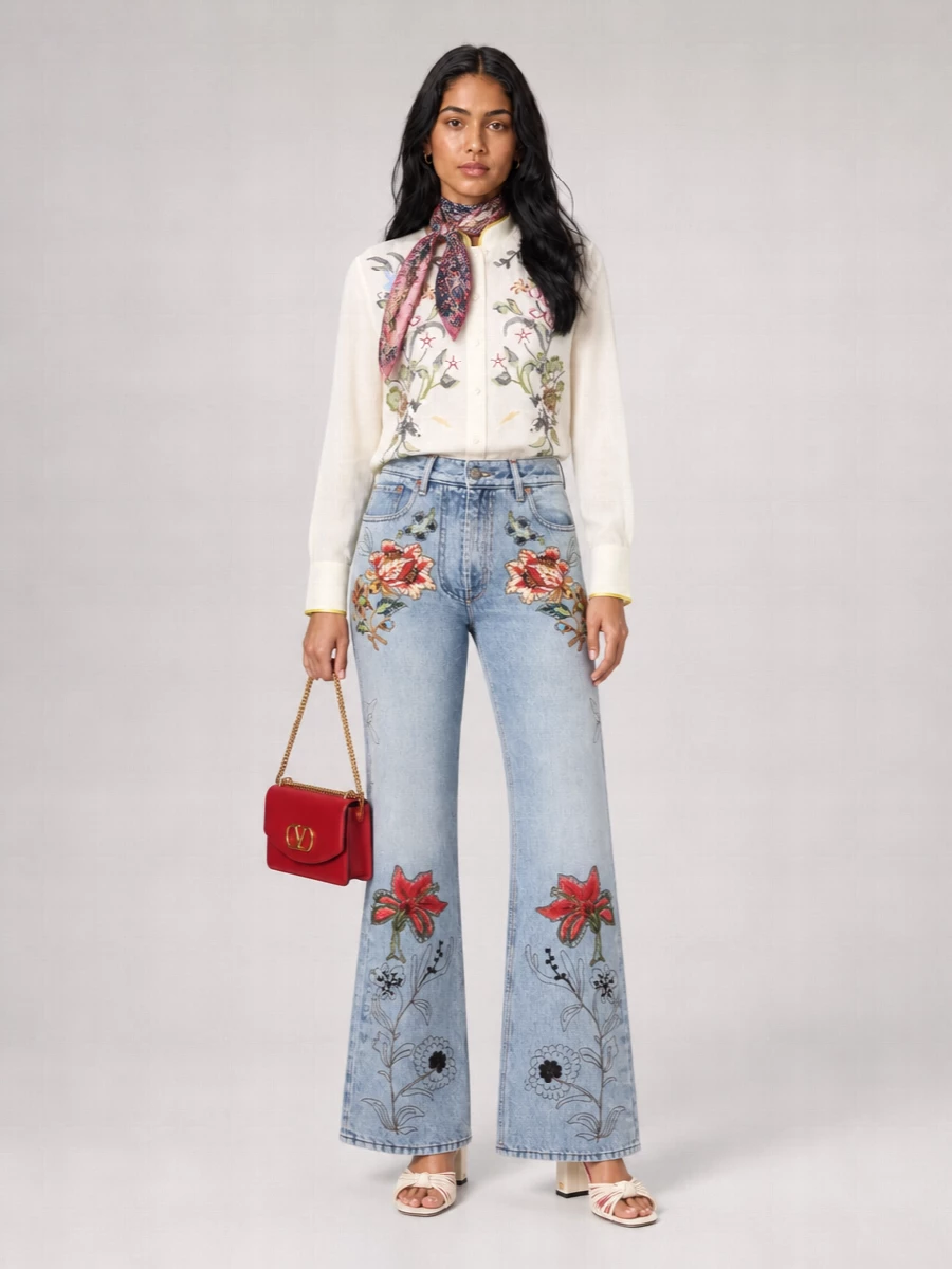 Valentino Embroidered Floral High-Rise Flared Denim Jeans