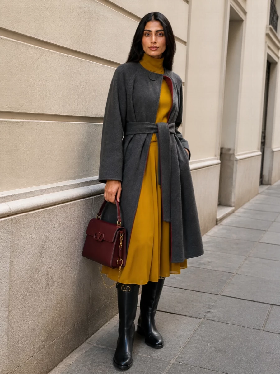I am styling the coat with the dress route rather than tailoring separates, letting the charcoal wrap frame a single, fluid column of color rather than competing lapels and waistbands. The mustard mock-neck midi brings soft, sculpted movement under the coat, while black riding boots and a structured burgundy top-handle bag ground the palette in classic, city-ready polish. The result is a quietly opulent winter ensemble that feels considered from gallery opening to dinner without ever reading overworked.