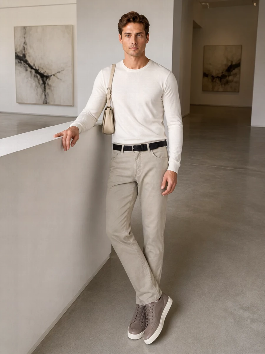 Zegna neutral jeans ivory tee santoni sneakers