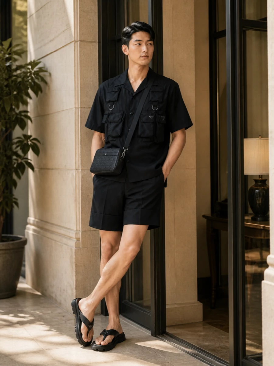 Prada chunky sandals black tailored shorts outfit