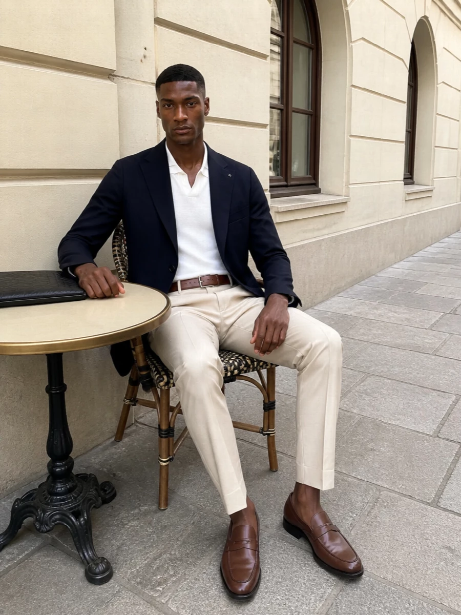 Tagliatore navy blazer beige trousers tods loafers