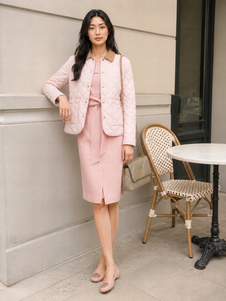 Barbour blush jacket max mara dress tory burch bag