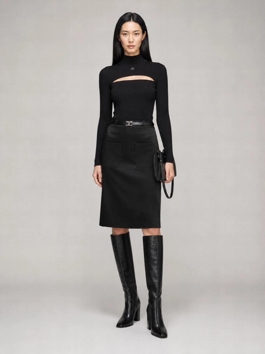 Courrèges satin pencil midi skirt