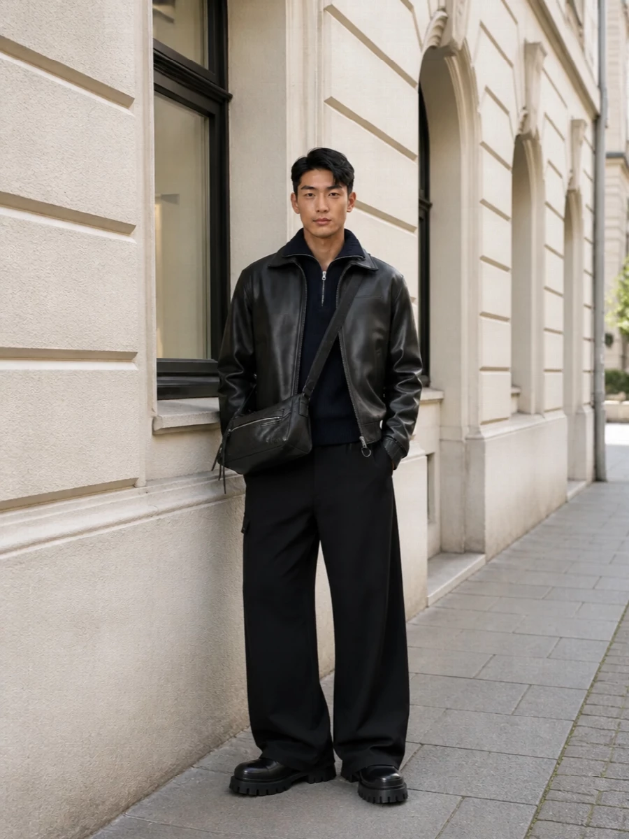 Balenciaga mens black leather jacket streetwear