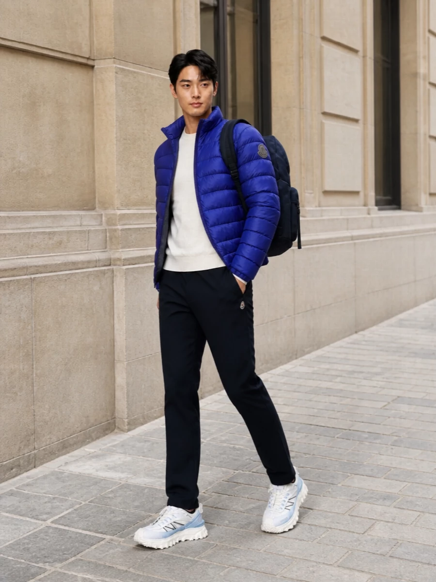 Moncler padded jacket trail sneakers outfit