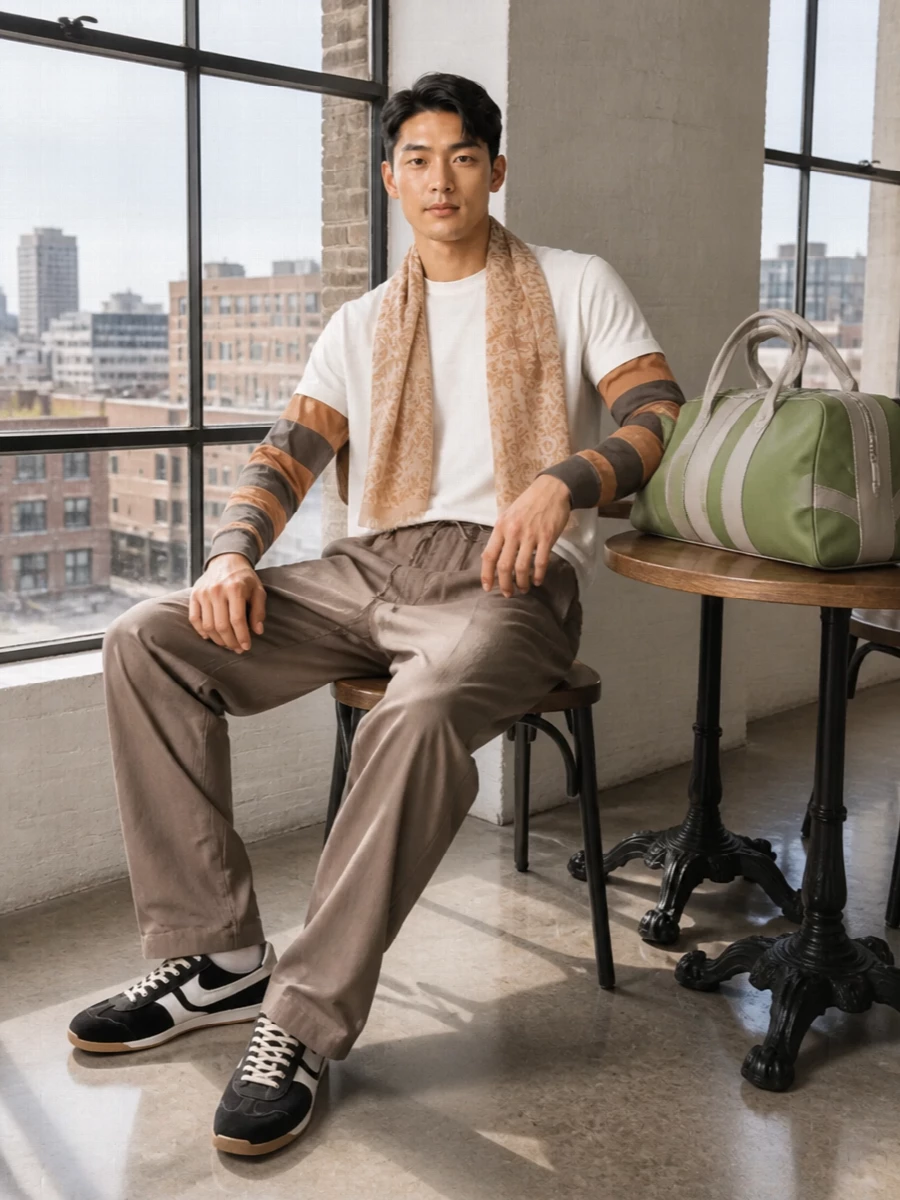 Dries van noten layered tee taupe trouser outfit