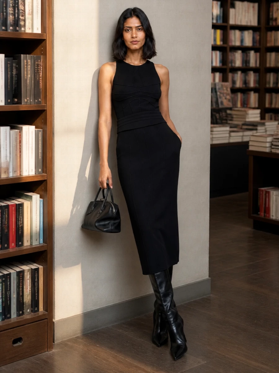 The attico black midi dress knee high boots