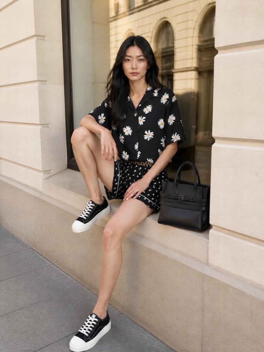 Moschino daisy shirt printed shorts outfit