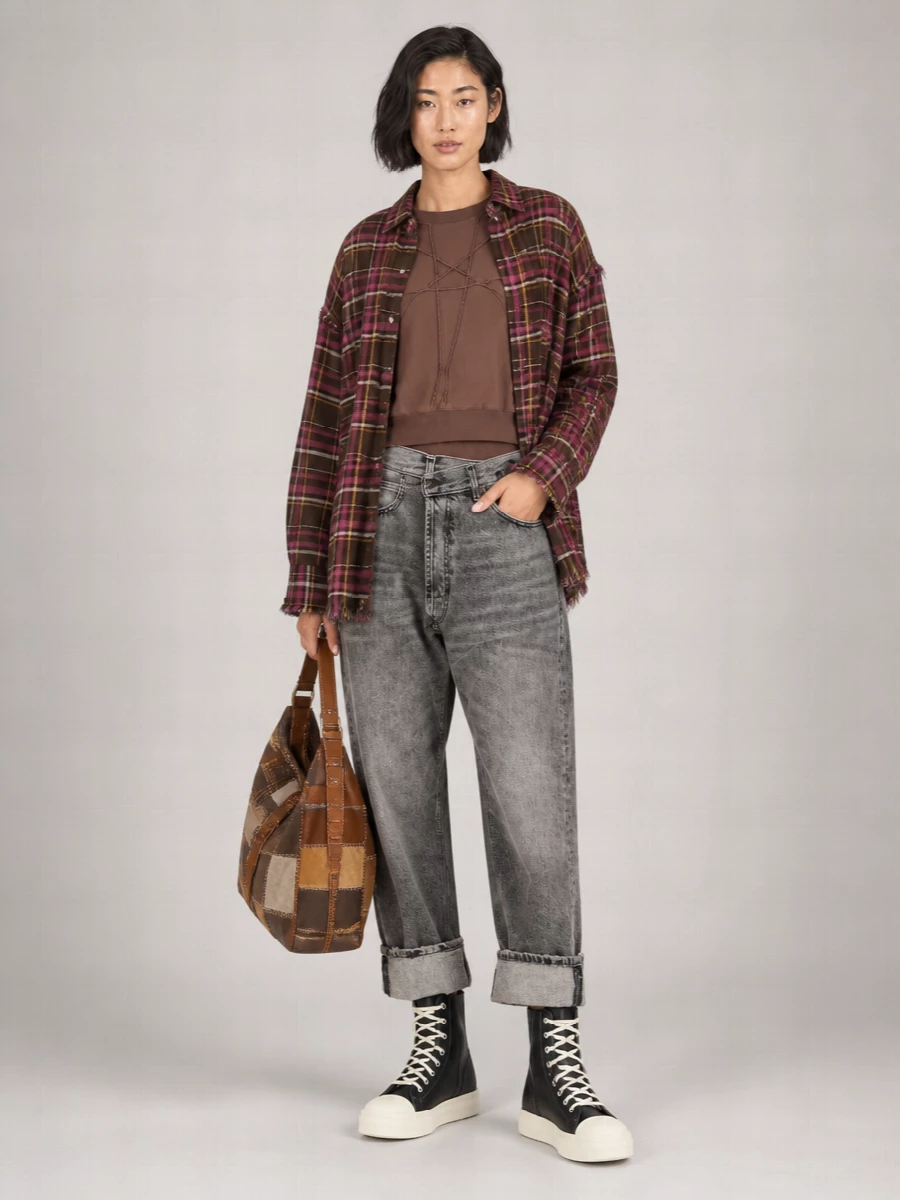 R13 Plaid Fringed Oversized Cotton Shirt Jacket