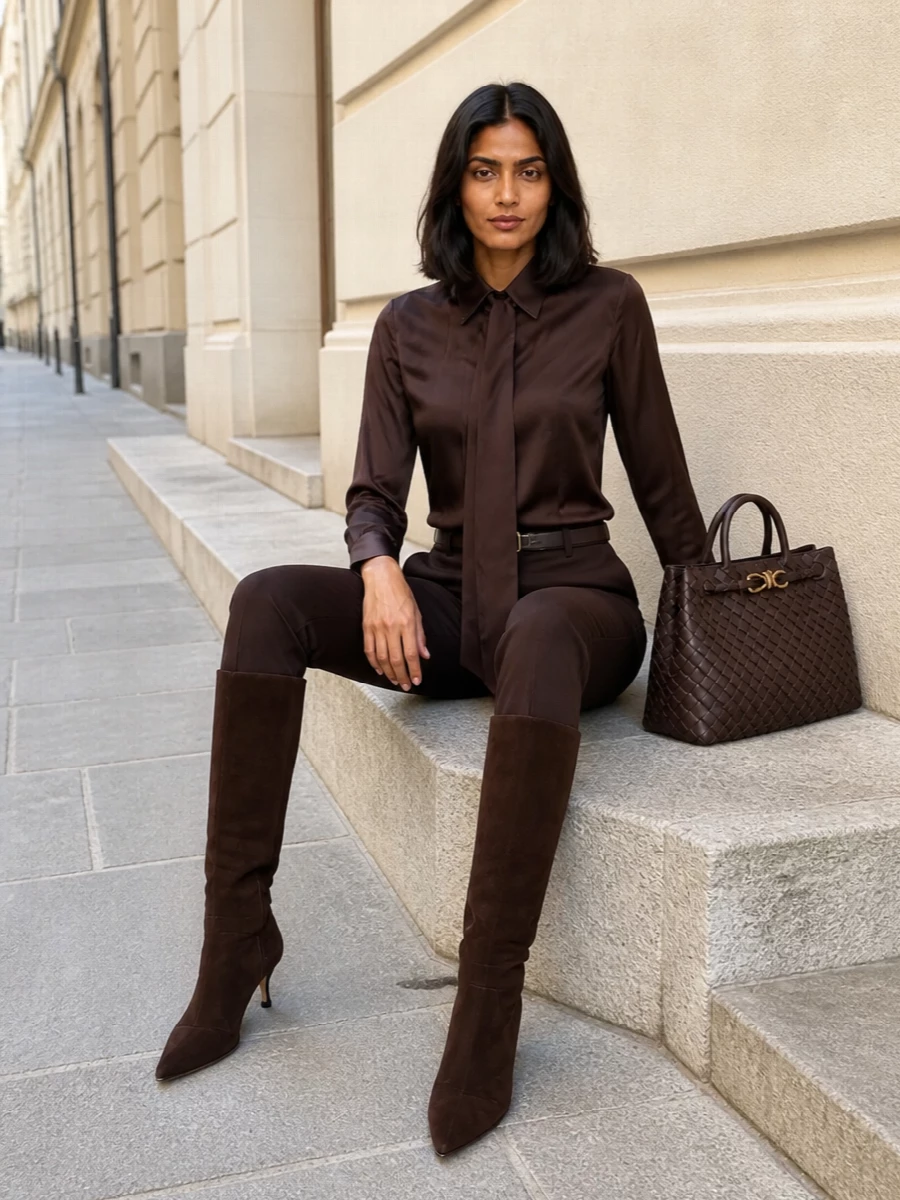 Kiton chocolate trouser silk shirt suede boots