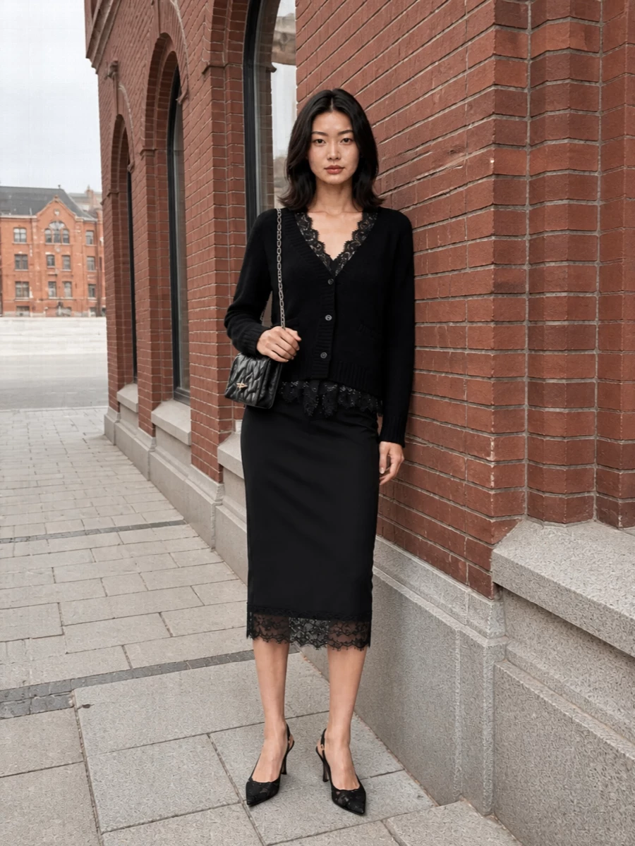 Ermanno lace cardigan black pencil skirt outfit