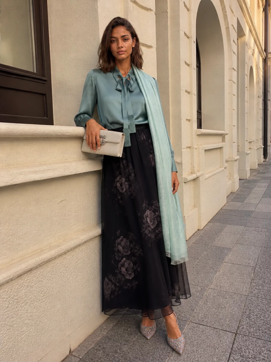 Zimmermann satin blouse floral maxi skirt outfit