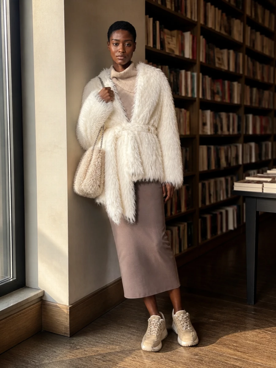 Entire studios faux fur coat taupe knit skirt