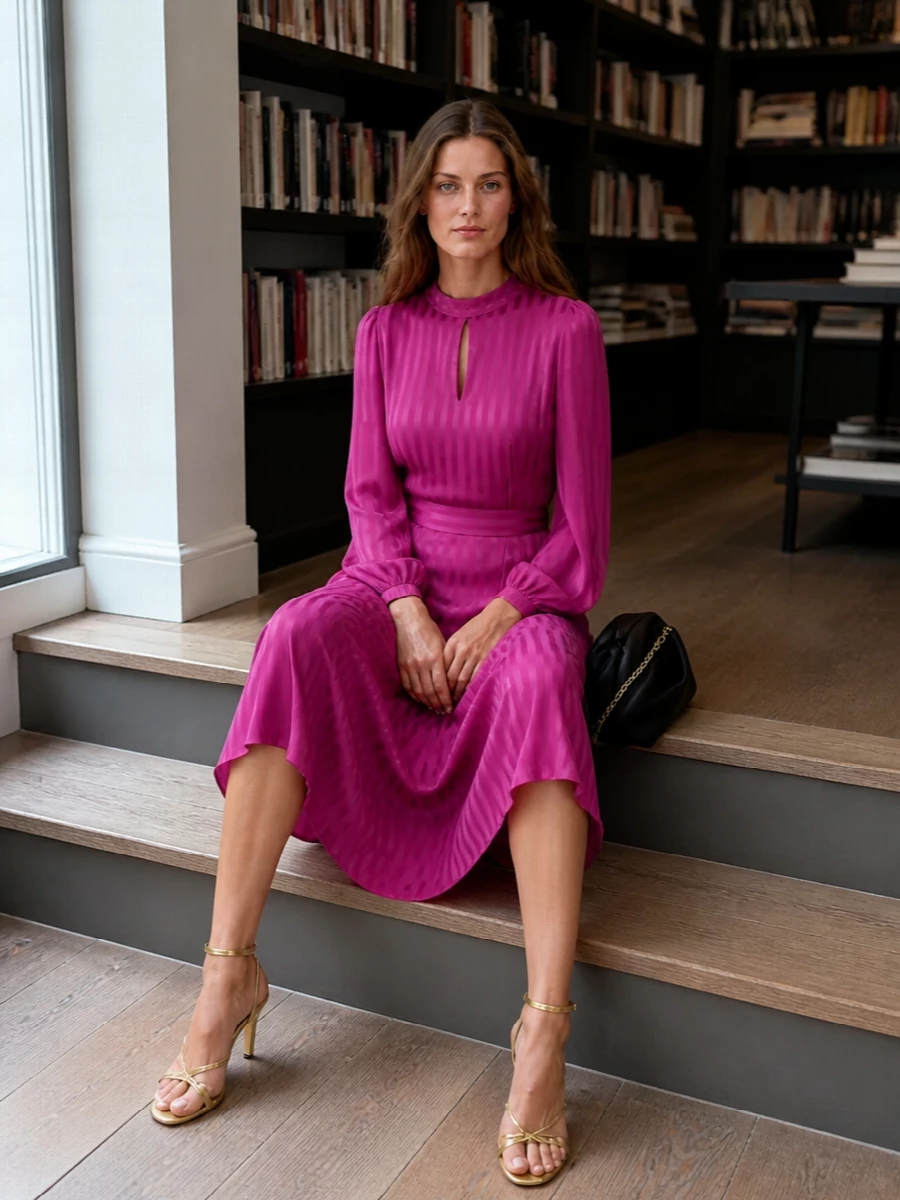 The fuchsia Valentino dress takes center stage, anchored by a slim metallic gold sandal that keeps the silhouette light and the mood firmly cocktail. A sculpted black Burberry clutch introduces a discreet counterpoint, grounding the color and adding a whisper of structure and polish. The combination feels romantic, modern and quietly opulent for autumn evenings.