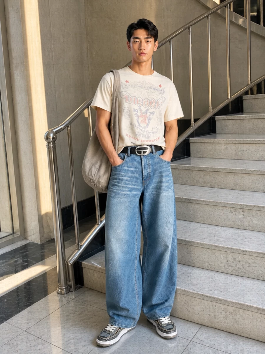 Diesel wide leg jeans vintage graphic tee outfit