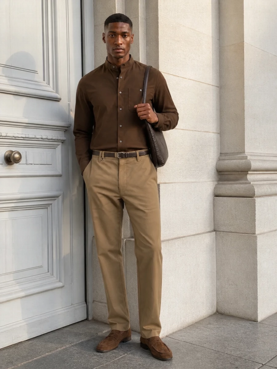 Mens camel chinos mandarin collar shirt outfit