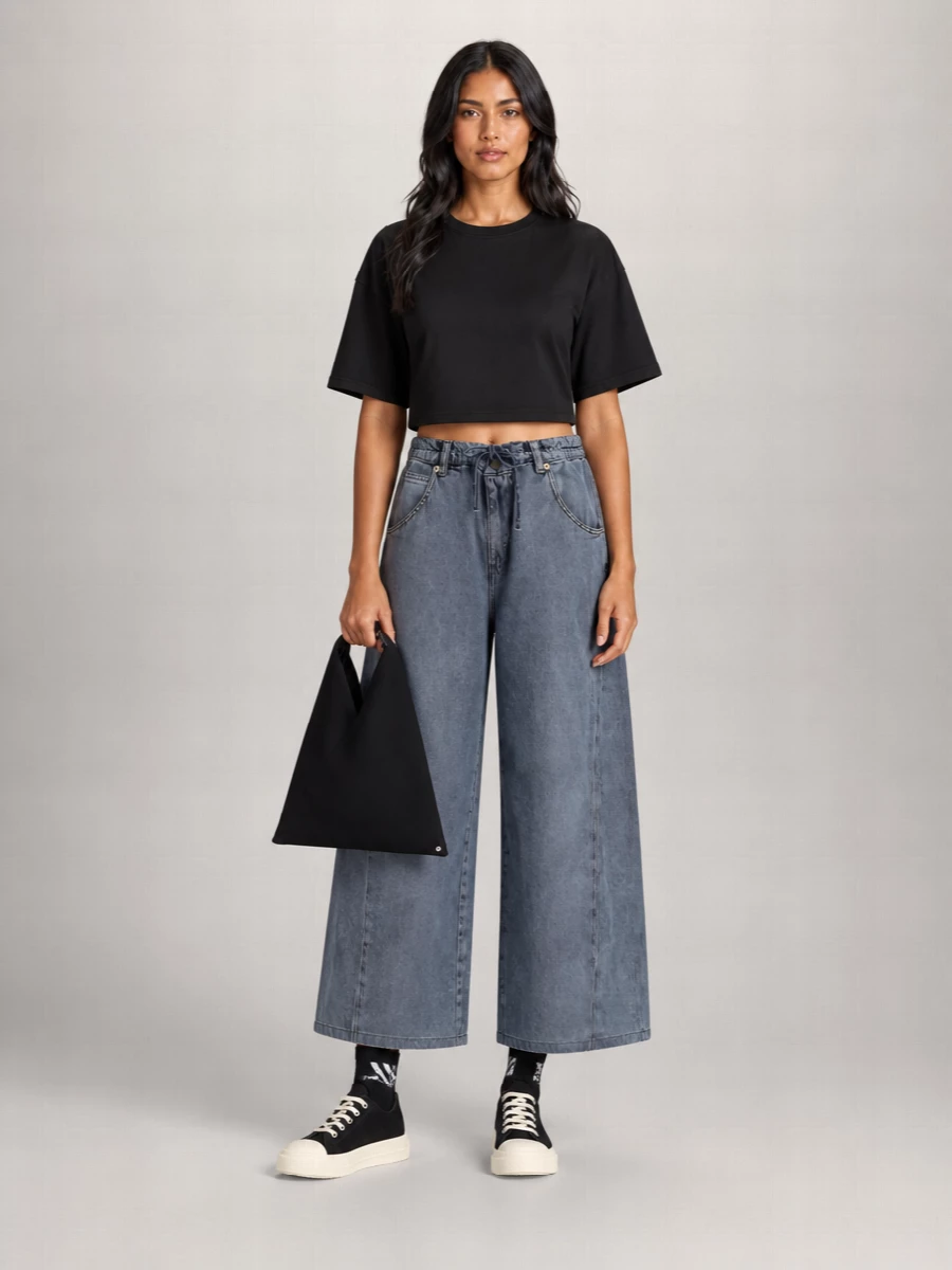 Darkpark Cotton Cropped Draped Short Sleeve T-Shirt