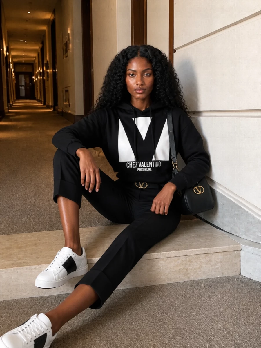A bold Valentino hoodie meets cropped black tailoring for a graphic, off-duty city uniform. Crisp white sneakers echo the monochrome statement, while a sleek black shoulder bag and subtle VLogo belt keep the attitude clean and intentional. The result is relaxed streetwear that still reads designer-sharp from coffee runs to casual dinners.