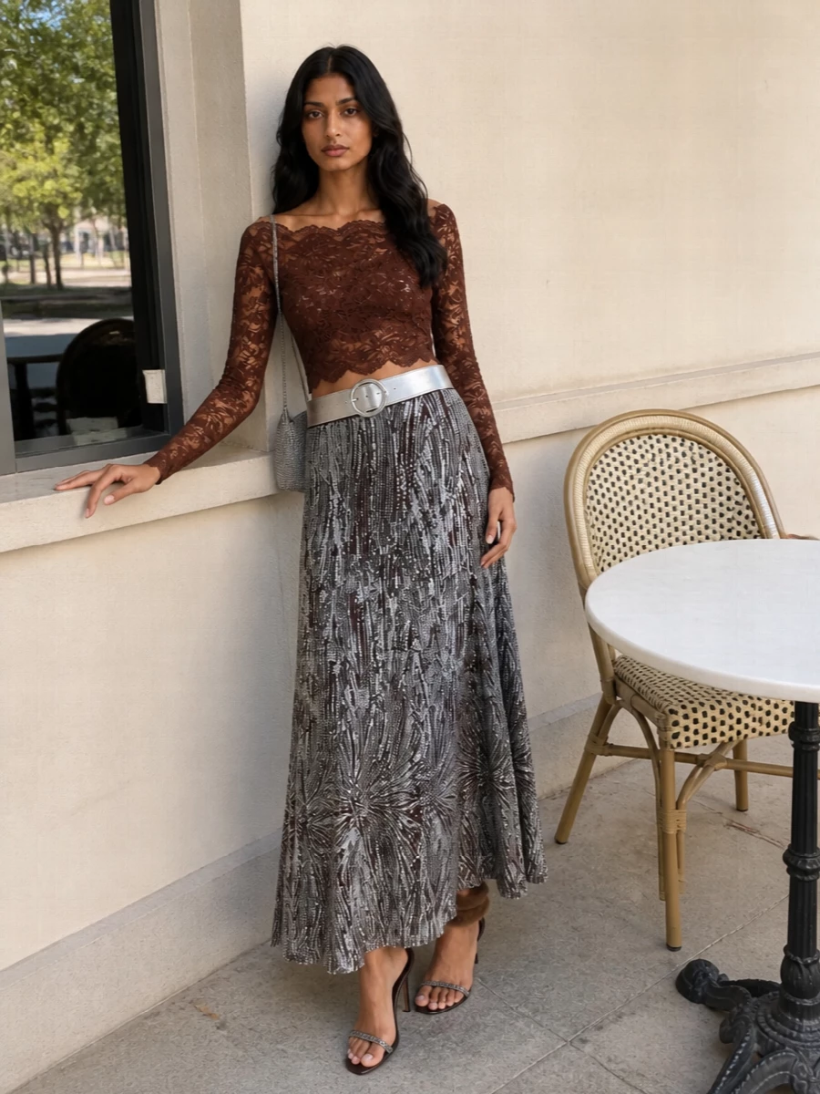 Paco rabanne sequin maxi skirt lace top outfit