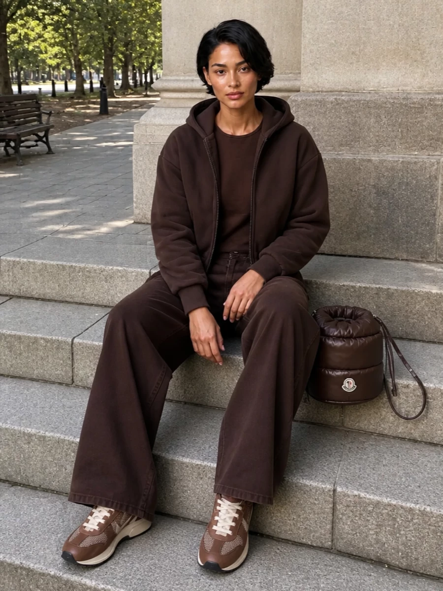 Entire studios brown bomber wide leg jeans outfit