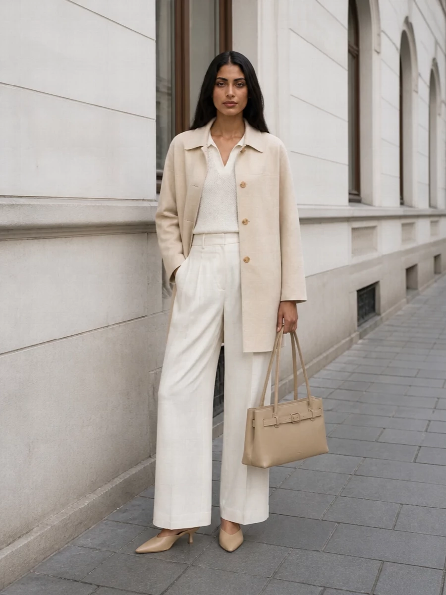 I am taking the top and trouser route rather than a dress so the Dunst coat can read as true outerwear over a soft, tonal tailoring story. The ivory collared knit and wide-leg pleated trousers build a continuous light column under the beige coat, while the kitten-heel mules and structured buttercream bag keep everything clean, modern and quietly luxurious for city days that move into evening. The result is relaxed in attitude but precise in proportion, with neutral layering that feels intentional rather than flat.