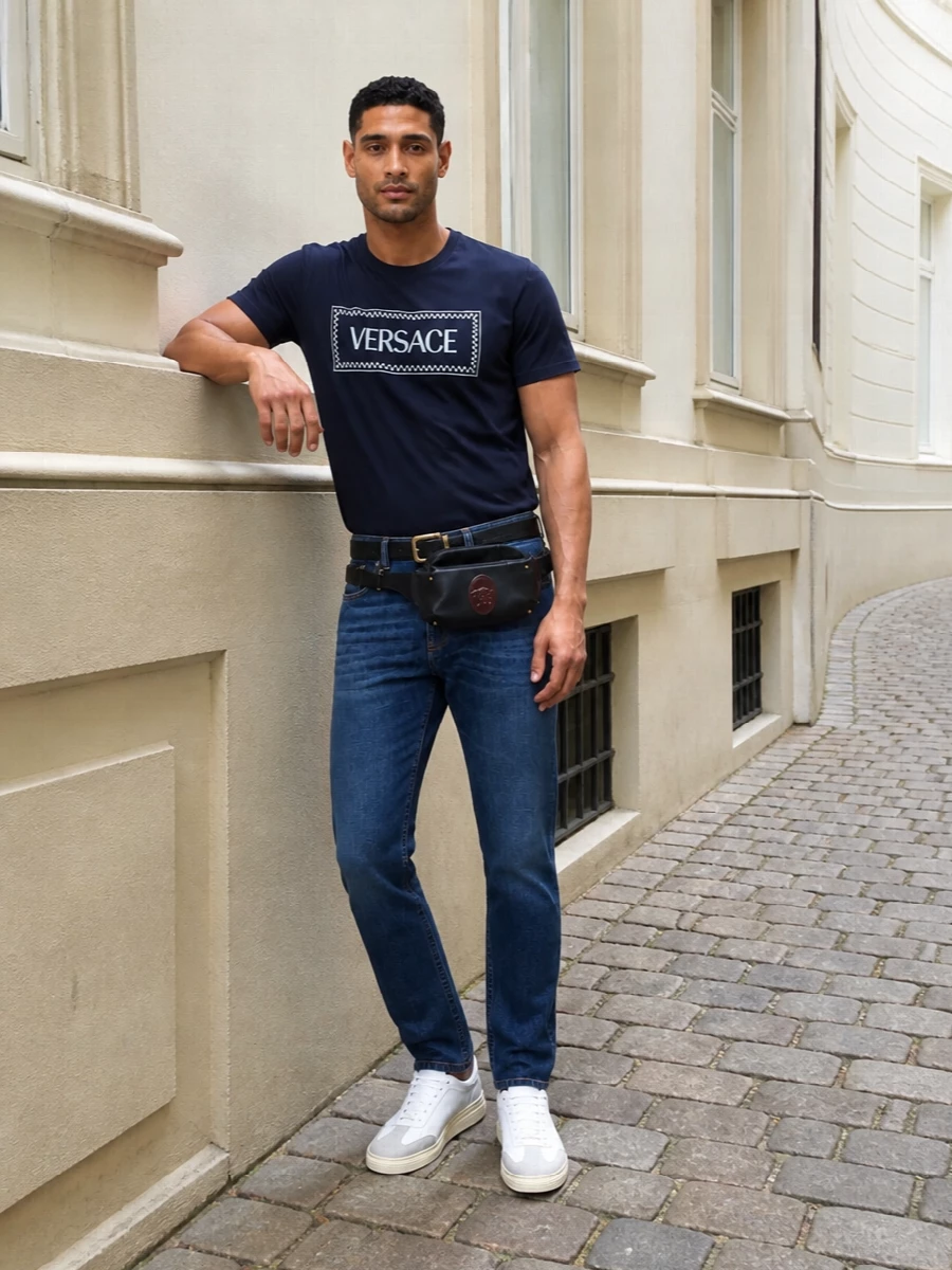 Versace navy logo tee indigo jeans sneakers