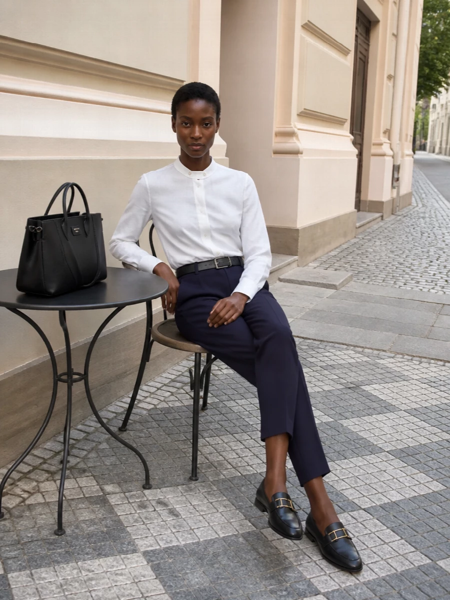 Emporio armani navy trousers white shirt flats
