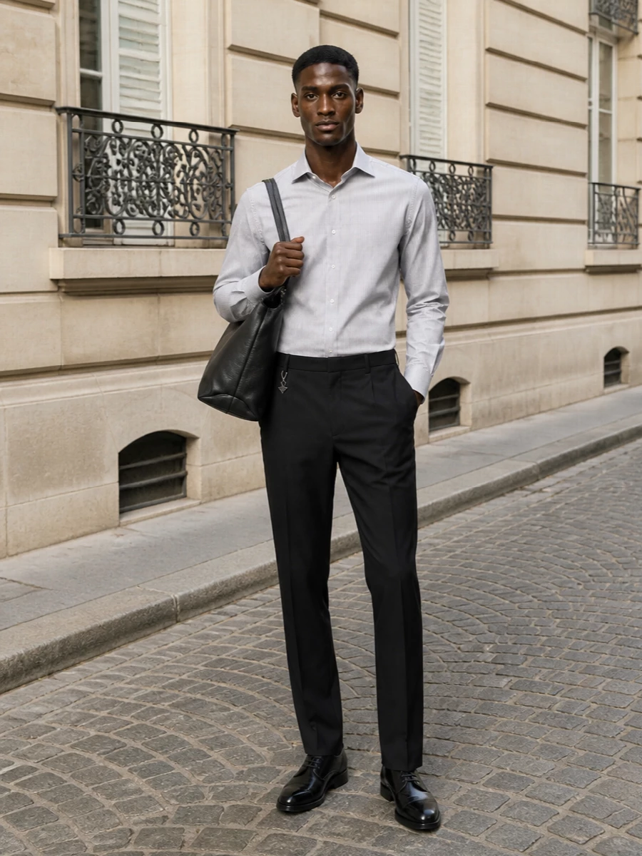 Black pleated Prada tailoring meets a crisp Saint Laurent stripe for a clean, metropolitan uniform that reads precise rather than severe. Tod’s polished derbies and a soft-structured Gucci tote keep the monochrome story sharp but not heavy, ideal for long office days that can extend into dinner. The proportions stay classic and regular, so the focus is purely on cut, fabrication and a restrained play of pinstripe against deep black wool.
