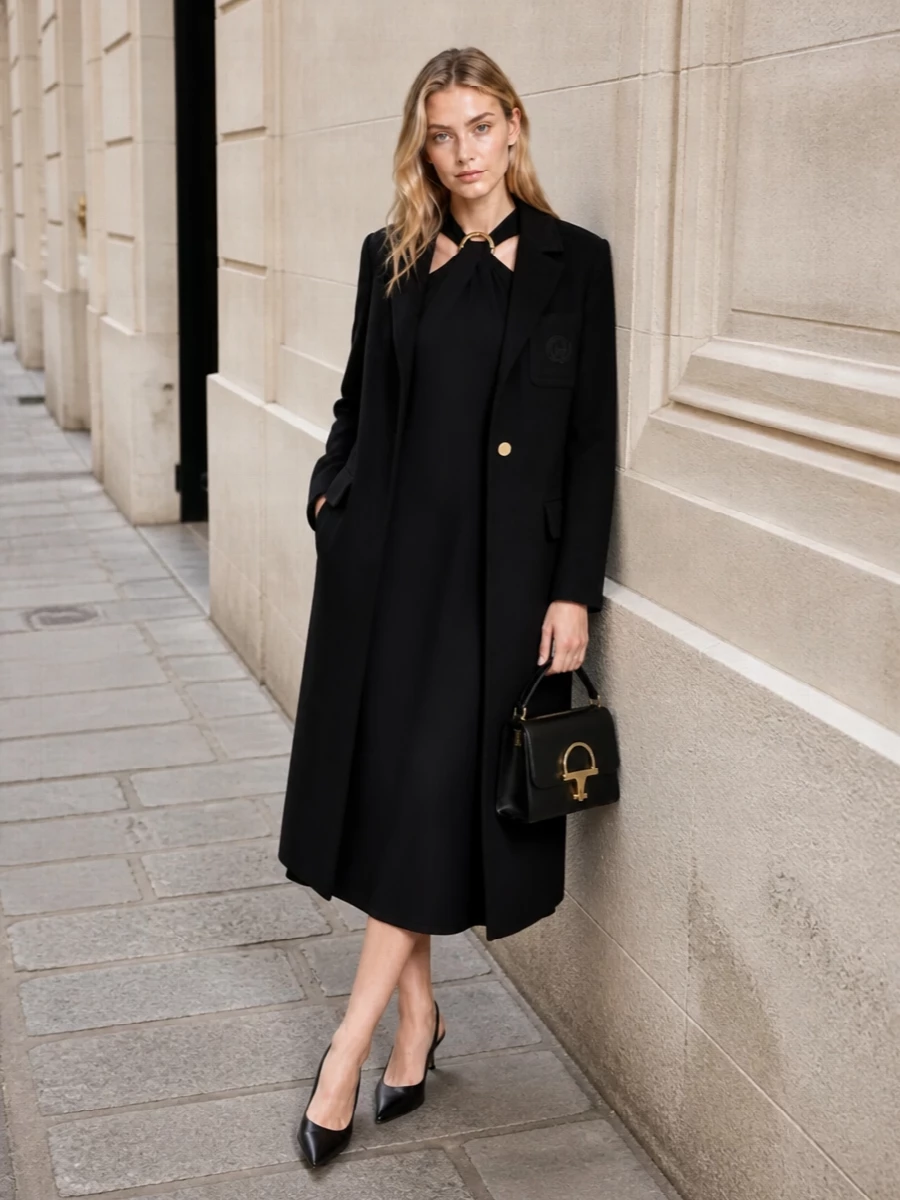 This look is a study in pared-back Gucci evening polish: the long black coat slips over the draped halter-neck midi, giving a fluid, column silhouette broken only by subtle gold hardware at the neck and coat button. A sharp black kitten-heel slingback and structured top-handle bag keep the lines clean and city-ready, delivering an SS-appropriate cocktail outfit that feels discreetly powerful rather than overtly styled. The result is modern, minimalist tailoring that lets fabric, cut and tiny metal details do all the talking.