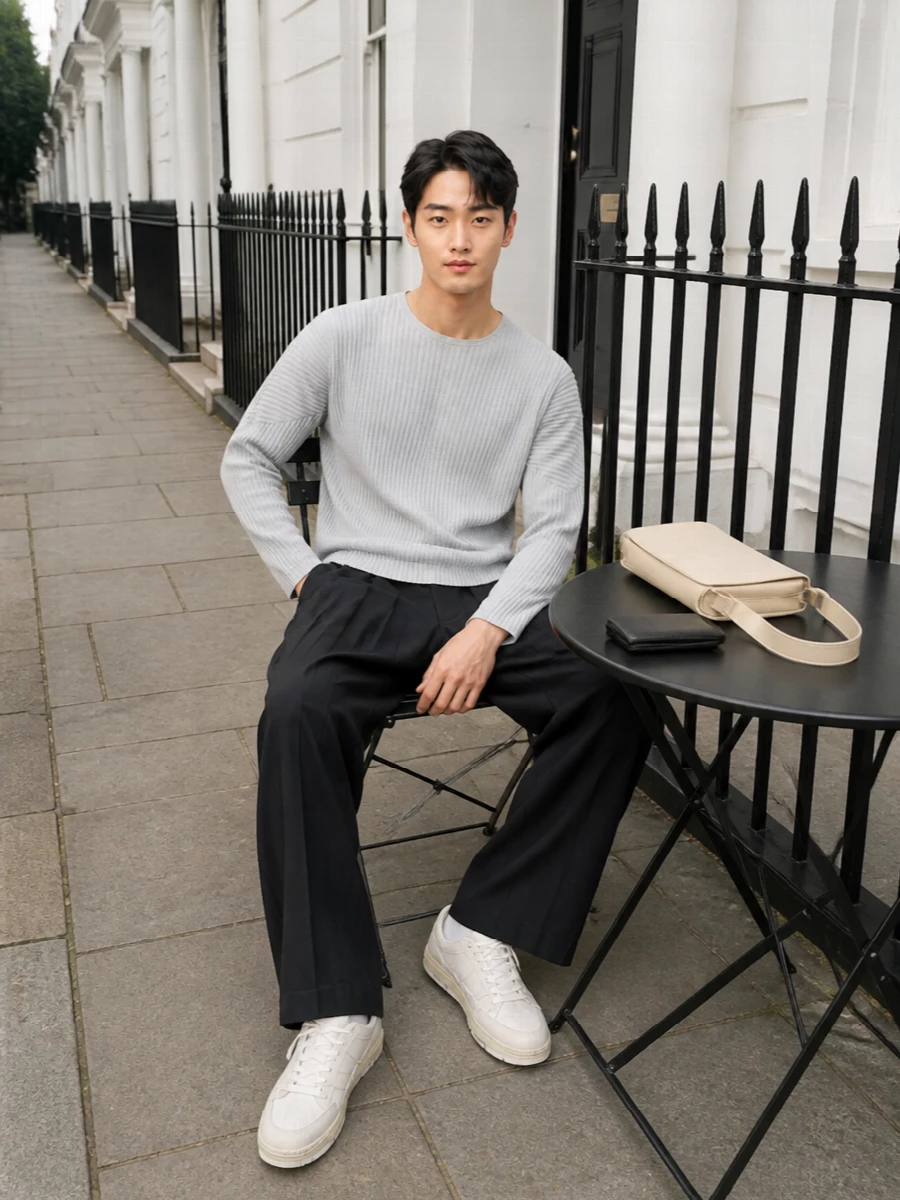 A monochrome, pleated set keeps the silhouette sharp yet fluid, echoing the Margiela cardholder’s texture in a full, design-minded uniform. Tonal sneakers and a pale shoulder bag soften the charcoal, giving the outfit a quiet gallery-to-dinner versatility without losing its under-the-radar polish.