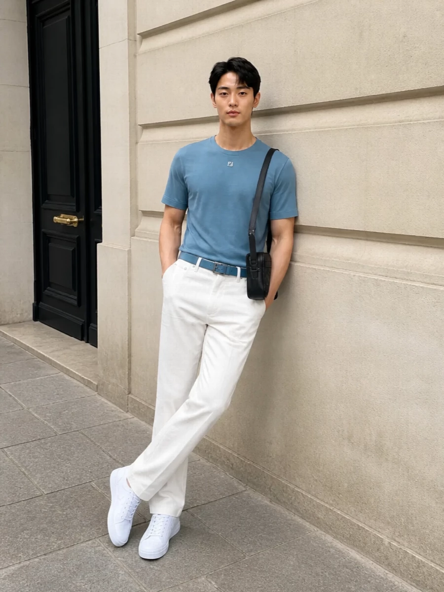 This look builds a light, modern palette around the dusty blue Fendi tee, grounding it with clean off‑white straight-leg trousers for an easy, sunlit SS silhouette. Streamlined white sneakers keep the line crisp and sporty, while the slate-blue belt and black structured crossbody add just enough definition and refinement to read as quietly luxurious rather than casual basic.