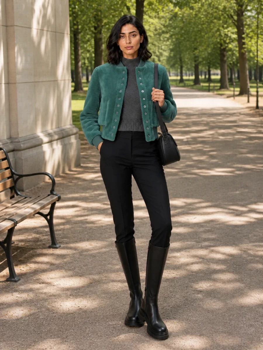 Alexander mcqueen teal bomber black trousers