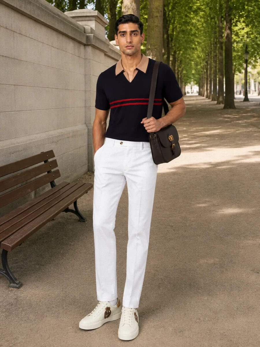 Dolce & Gabbana’s crested sneakers sit against Brunello Cucinelli’s crisp white trouser and a deep navy Dries knit polo for a clean, tailored take on Italian casual. The palette balances off-white, navy and rich brown with just a trace of red, so the outfit feels polished enough for terrace dinners yet relaxed enough for a city afternoon. Brown and gold details from the shoes and Valentino bag quietly tie everything together rather than leaning on overt logos.
