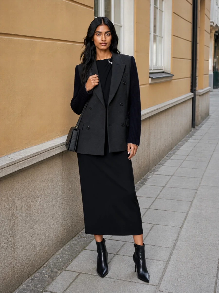 Gaultier blazer black column dress outfit