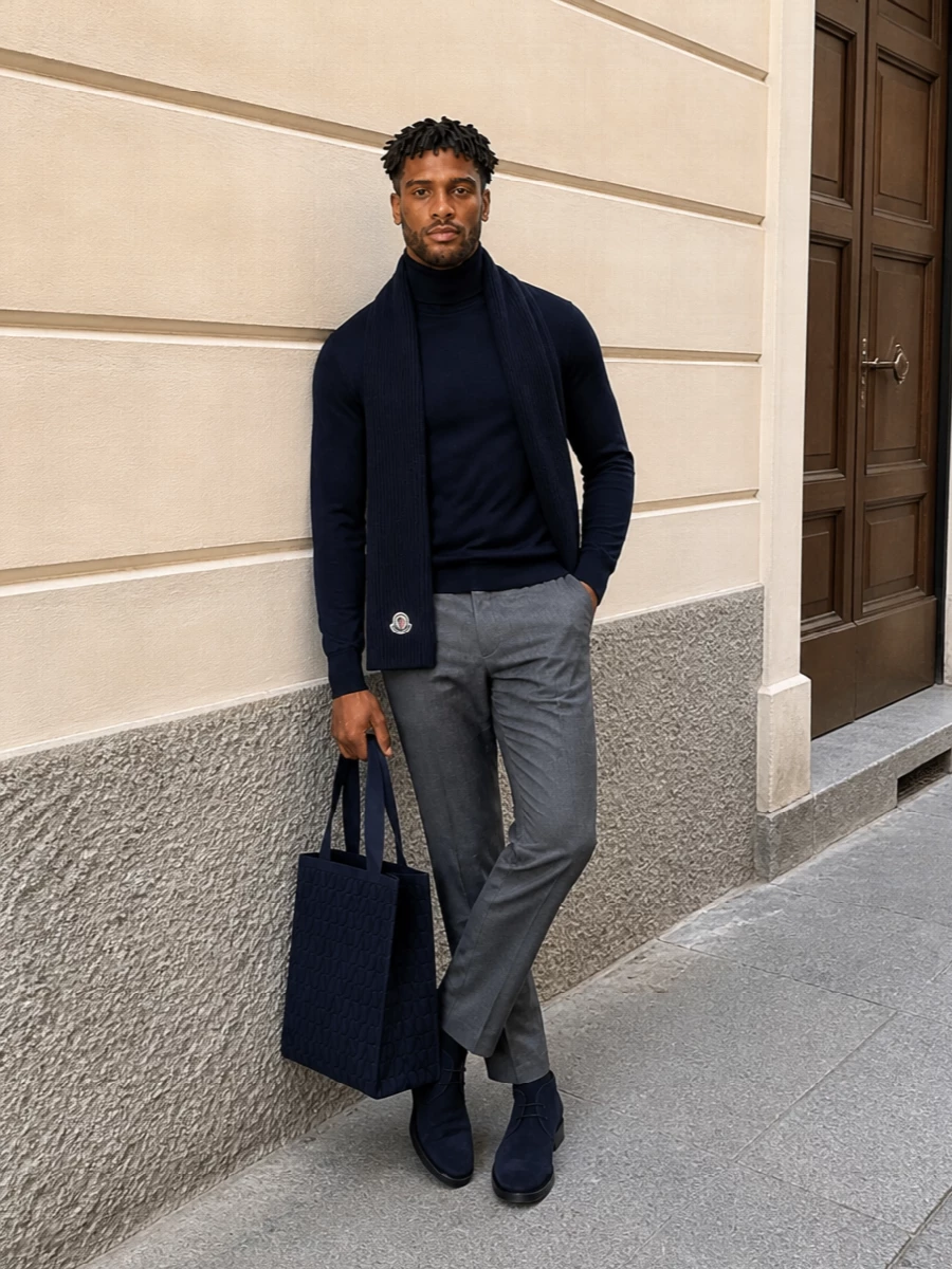 Deep navy and charcoal sit quietly together here, giving a sharp, minimal uniform that works from weekday meetings to low-key dinners. The slim tailored trouser cleans up the line under the fine turtleneck, while suede chukkas and a structured navy tote keep everything polished but relaxed. It is a focused, tonal combination that reads considered without ever feeling over-styled.