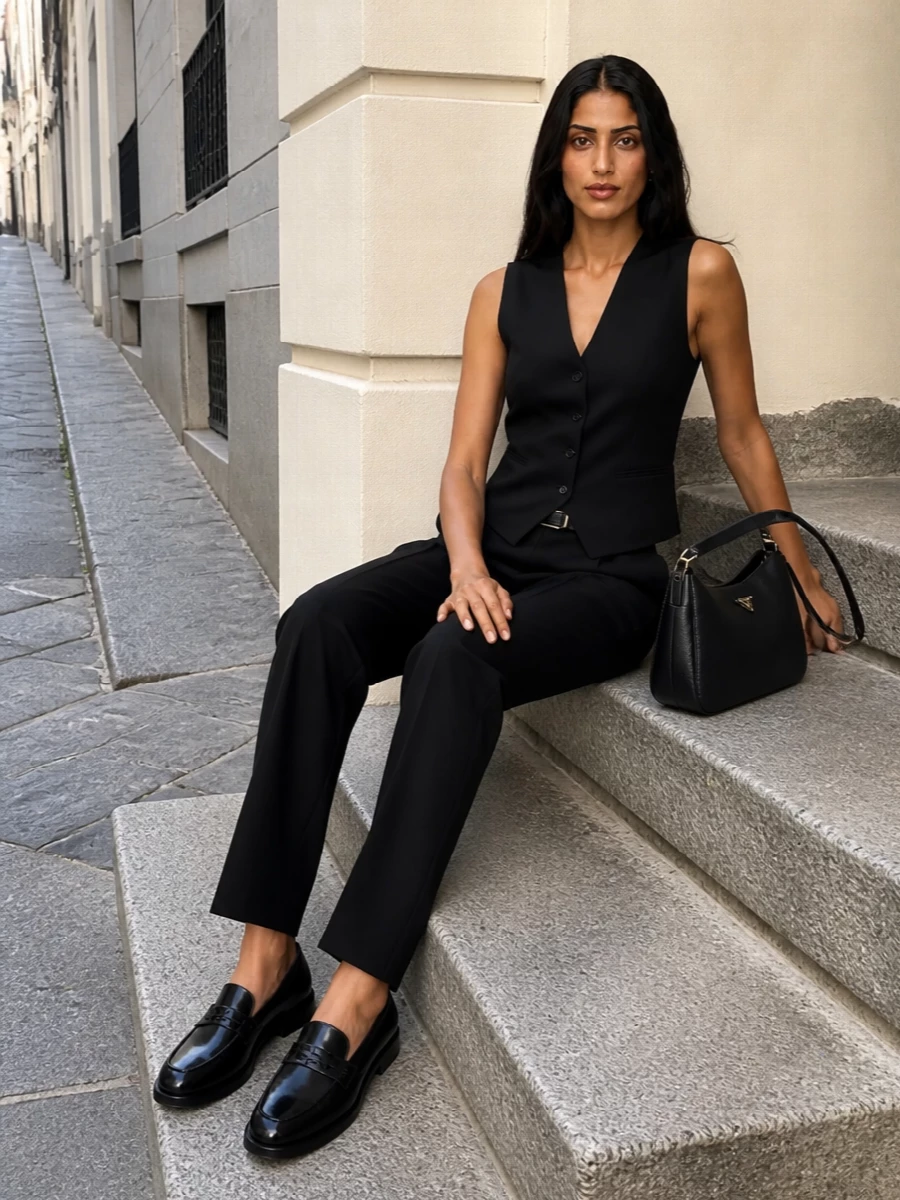 Ann demeulemeester black trousers waistcoat loafers