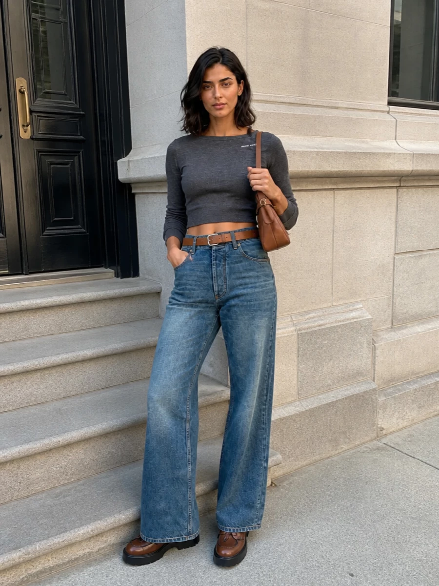 Miu miu wide leg jeans cropped knit loafers