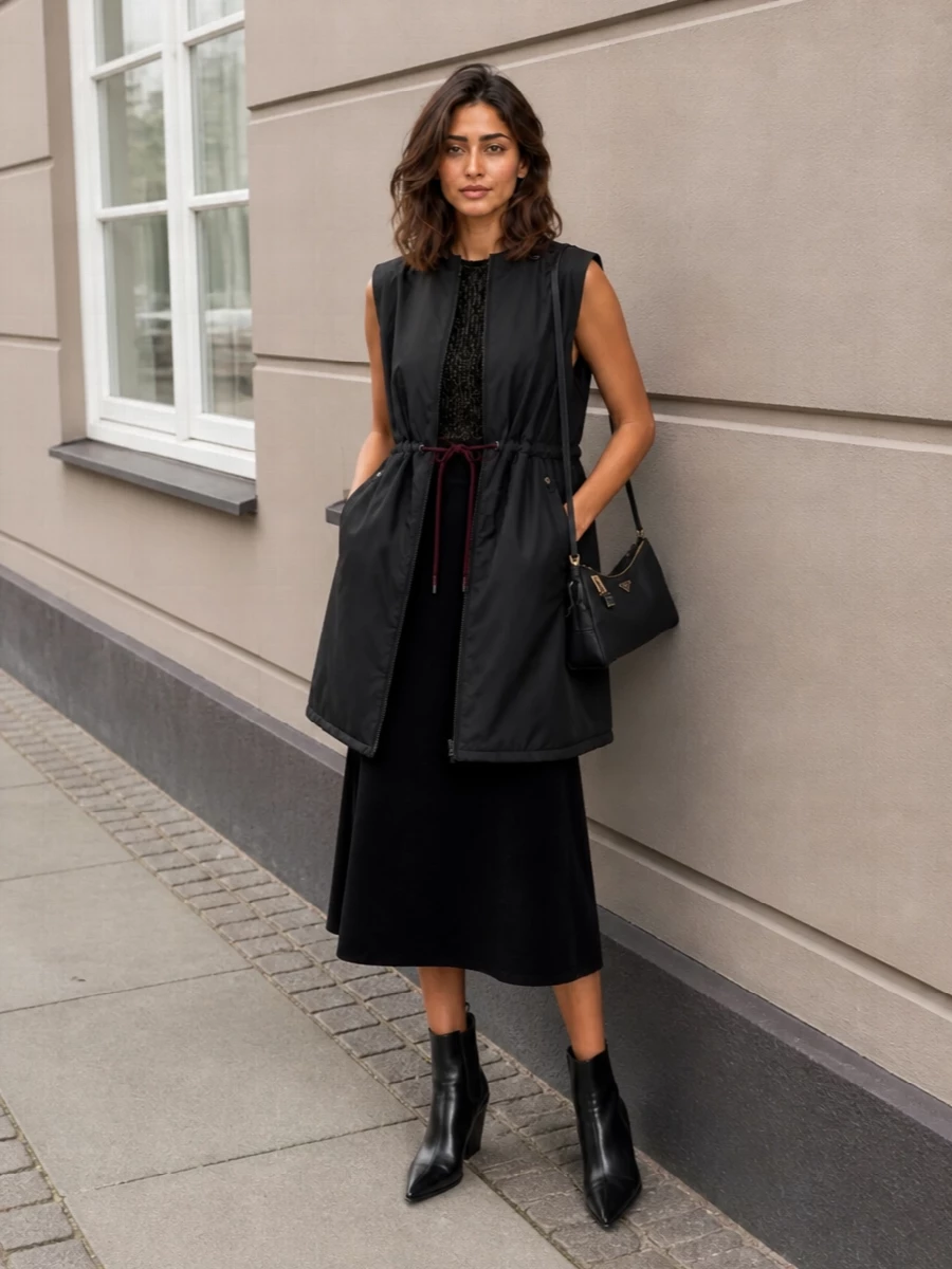 Prada black gilet midi dress ankle boots