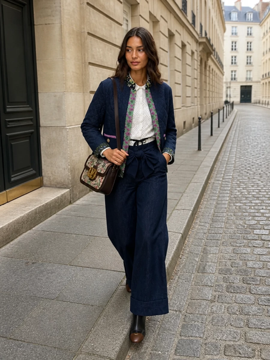 I’m building around separates rather than a dress so the denim-on-denim story of the quilted jacket and bow-waist wide-leg jeans can shine; the proportions feel modern and relaxed while still polished. The broderie-anglaise blouse softens the structure with romantic detail, and the bow-tipped boots plus tapestry-floral bag pull the look into a cohesive, elevated off-duty ensemble that feels very Valentino and perfectly FW-ready.
